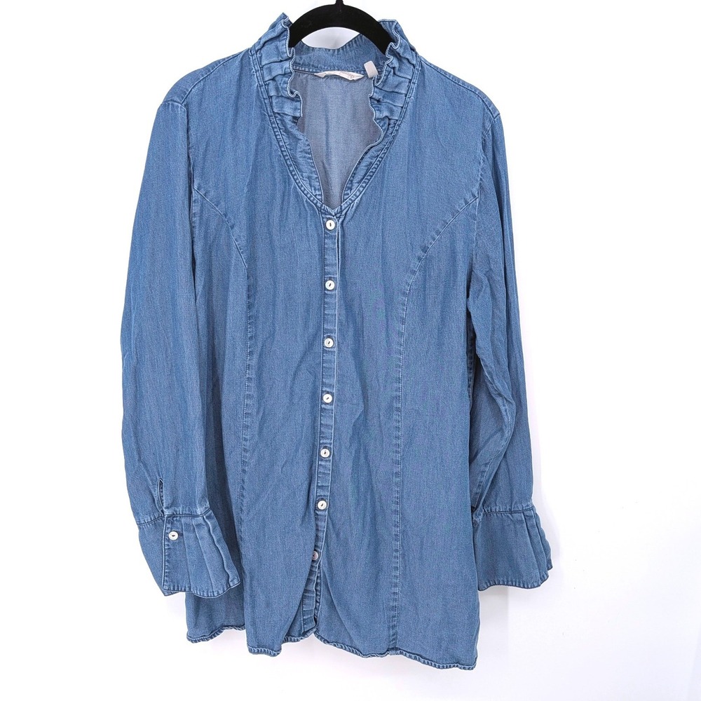 Soft Surroundings Chambray Top Women Large Blue Ruffle Button Down Tunic Casual